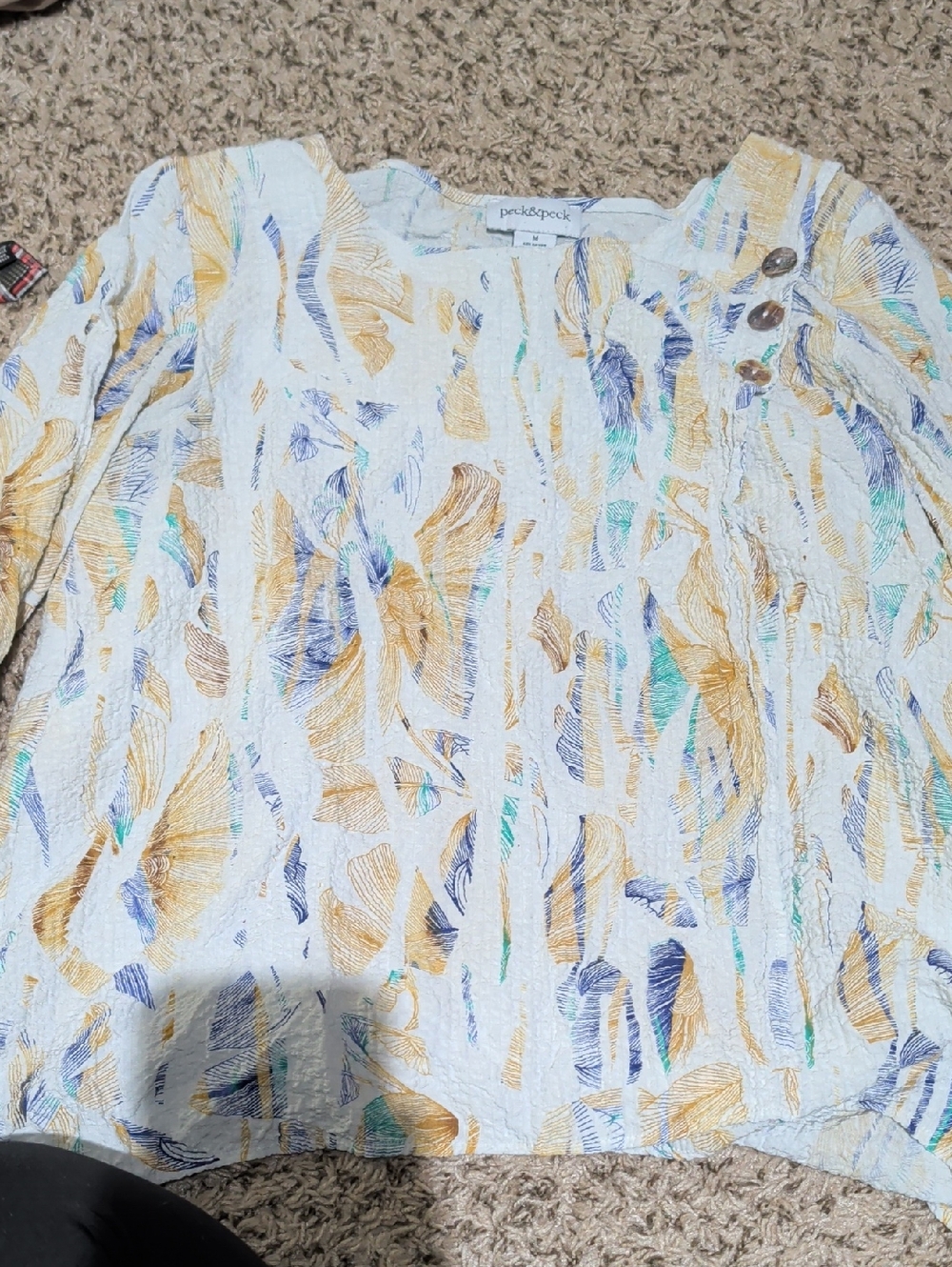 Peck & Peck White Floral-Print Button-Shoulder Blouse